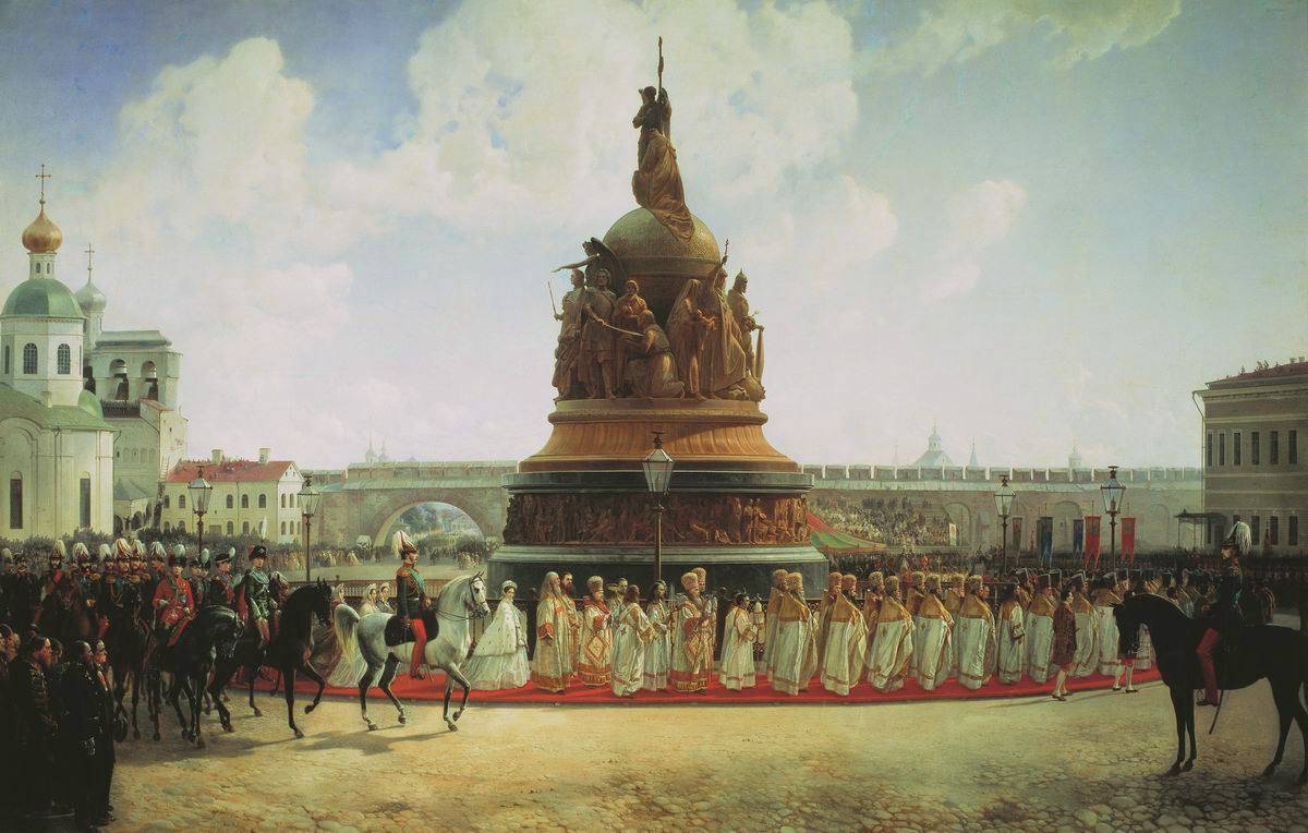 «Открытие памятника «Тысячелетие России» в Новгороде в 1862 году» — картина Богдана Виллевальде (1864)