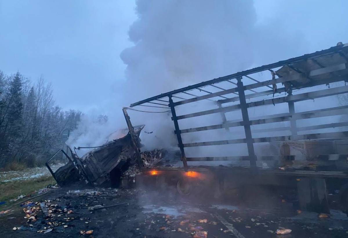 Столкновение грузовиков на трассе М-10 привело к пожару и гибели водителя