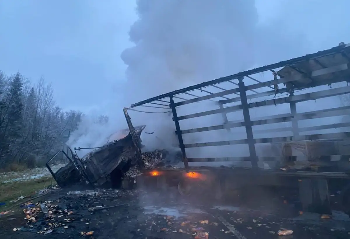 Столкновение грузовиков на трассе М-10 привело к пожару и гибели водителя