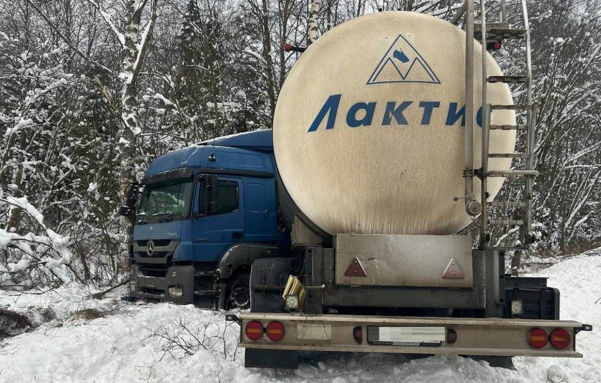 Молочный грузовик съехал в кювет в Крестецком округе